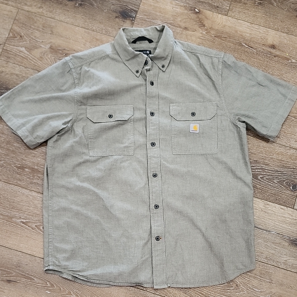Carhartt Midweight Chambray Light Kahki Green Button Down Short Sleeve Shirt Lrg